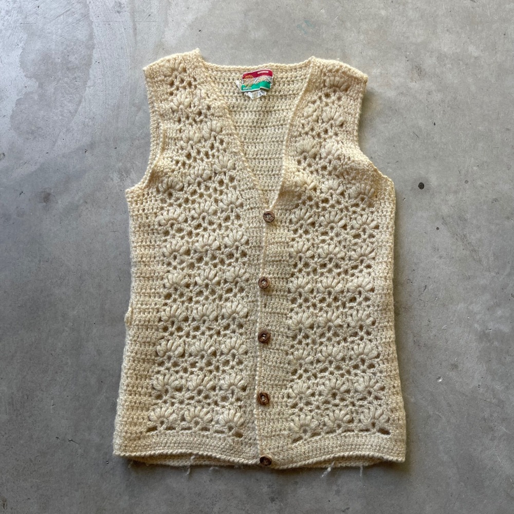 Vintage Carina Italy Wool Crochet Vest Cream Floral Open Knit Button Front S
